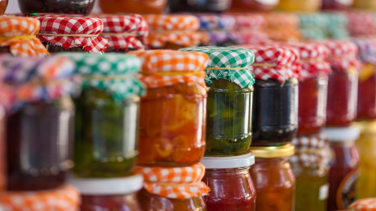 Glass jars of homemade jam